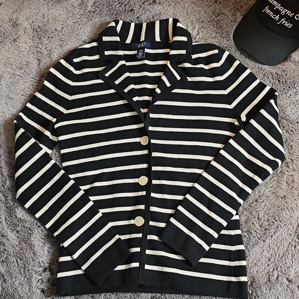Chaps Black and White Striped Button Cotton Cardigan Size S
